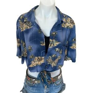 Hawaiian Shirt Button Down Crop Top One Size Parrothead Tropical Blue Unique